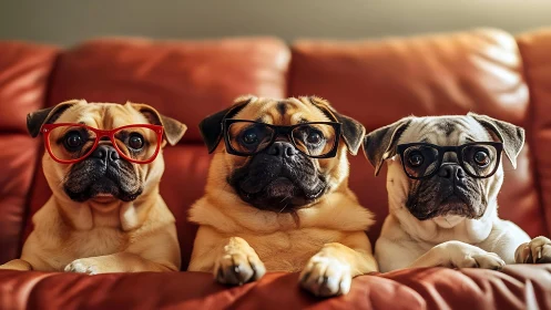 Three pugs wearing glasses on a leather sofa couch.