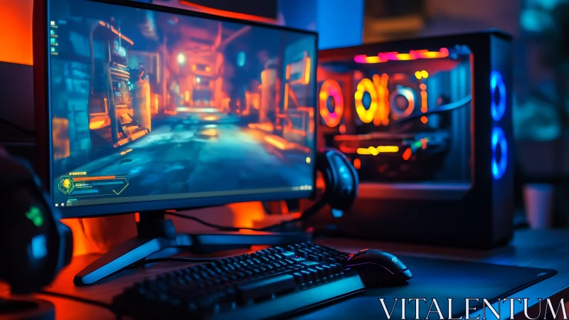 Cozy neon gaming desk glowing with colorful PC lights.