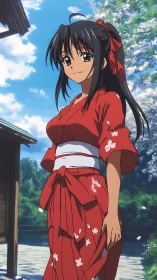 Anime girl in red yukata under cherry blossoms, sunny shrine courtyard