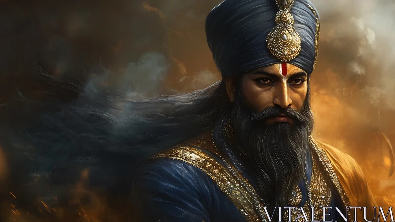 Regal warrior in blue turban bathed in fiery golden light.