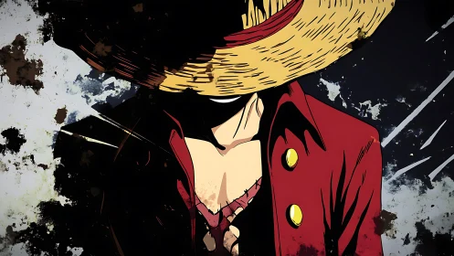Mysterious straw hat pirate stands bold in stylized shadows