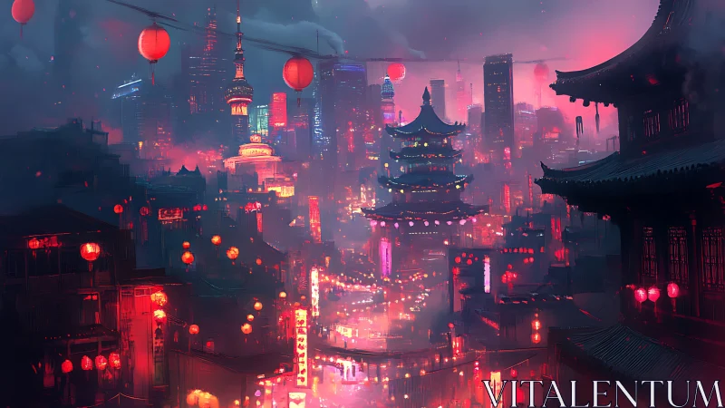 Neon lanterns weave ancient roofs into a dreamy megacity
