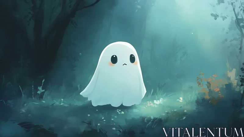 Cute spectral character in misty teal forest clearing at dusk.