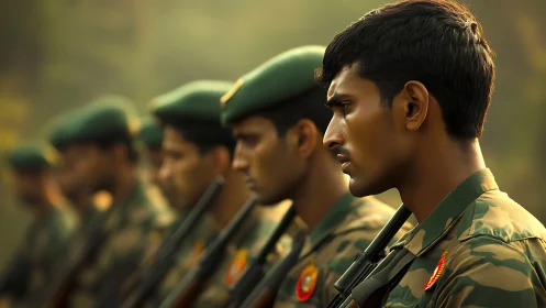 Row of uniformed soldiers stands in alignment outdoors