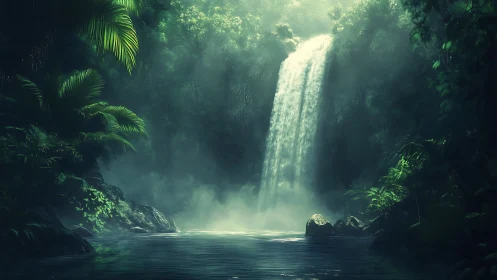 Enchanting Waterfall Haven in Misty Jungle Paradise