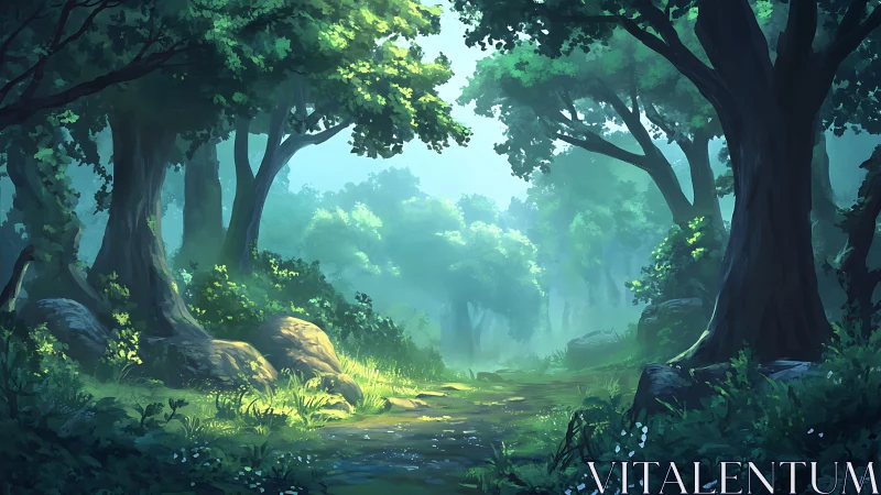 Enchanted forest pathway with towering ancient trees and luminous clearing.
