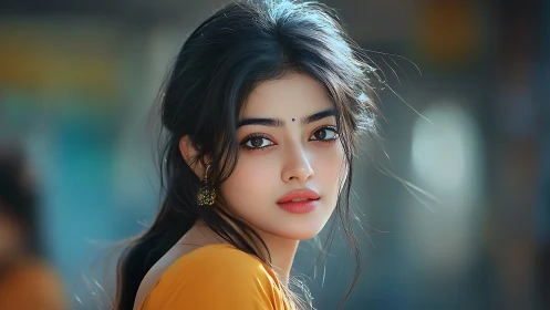 Photorealistic portrait of woman with shallow depth-of-field bokeh.