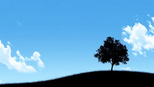 Lone tree silhouette on grassy hill under bright blue sky.