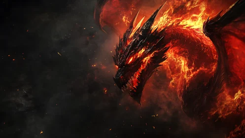 Infernal dragon erupts from blazing storm of molten fire.