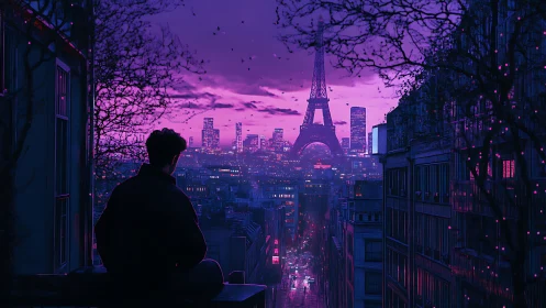 Neon magenta Paris skyline with lone silhouetted observer at dusk