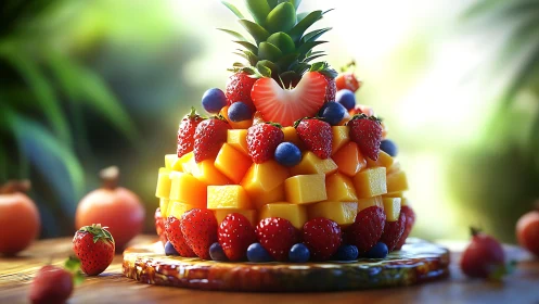 Layered tropical fruit tower with high-saturation lighting and bokeh