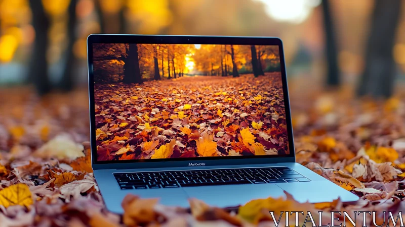 Laptop screen mirrors golden autumn forest floor perfectly.