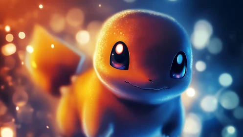 Cute fire lizard glows amid warm and cool bokeh lights.