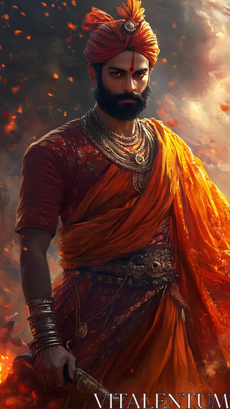 Ember crowned warrior strides through swirling battle smoke