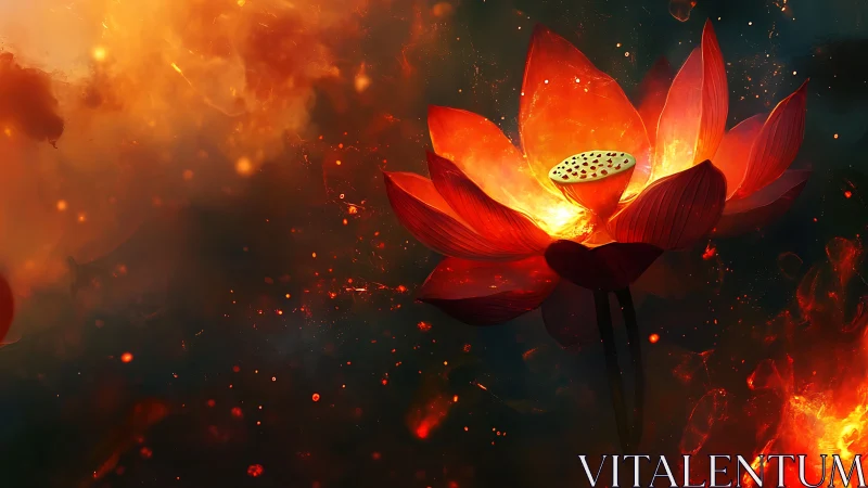 Glowing red lotus floats within fiery abstract darkness
