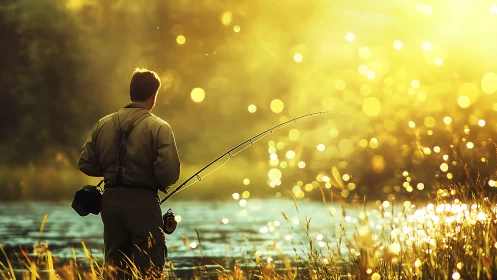 Backlit river angler casts line through golden sunset glow.