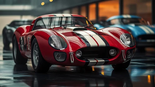 Red classic race car with white stripes in modern garage.
