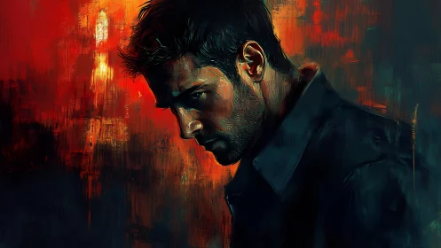 Brooding man profile in fiery abstract light. Oil mood study.