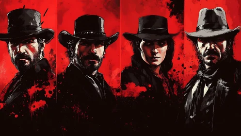 Four stylized outlaw portraits align against red splatter background