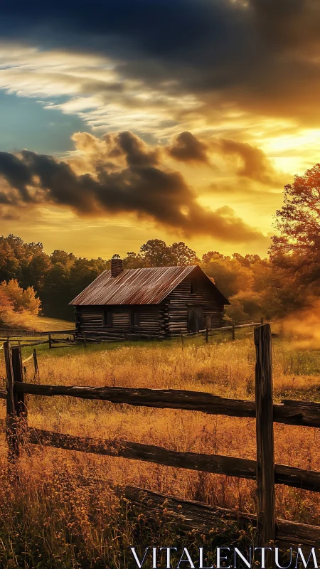 Photorealistic rural cabin at golden-hour with dramatic sky.