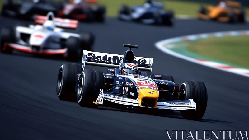 Open-wheel race car leading multi-car pack through fast curve.