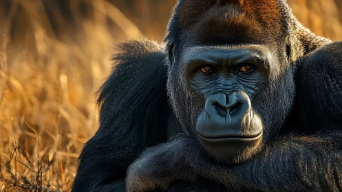 Gorilla rests in dry grassland under warm directional light