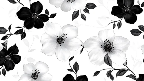 Black and White Floral Pattern. Contrasting Botanical Design.