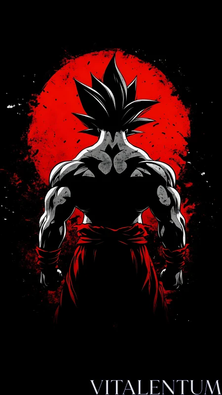 Powerful anime warrior stands bold before a blazing red moon