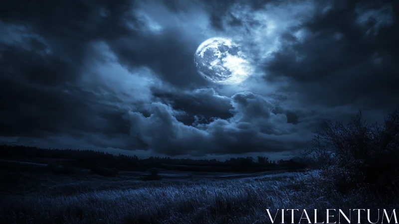 Luminous full moon over storm-laden nocturnal landscape.