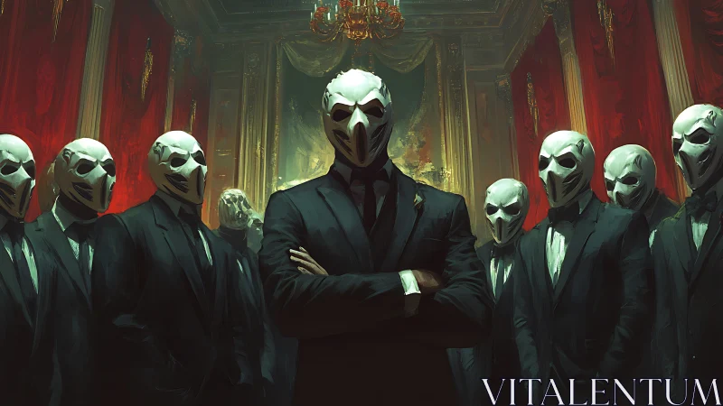 Masked syndicate in baroque hall, hierarchical power study.