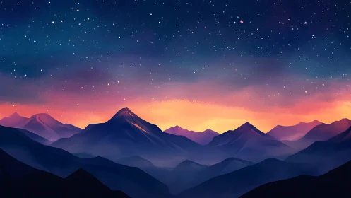 Starlit mountain range under luminous sunset gradient