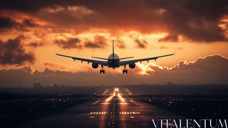 Passenger jet descends onto glowing runway at dramatic sunset