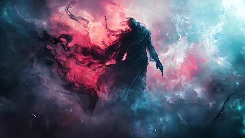 Mysterious cloaked wanderer strides through cosmic storm