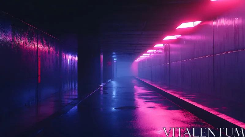 Neon-soaked urban tunnel under vivid magenta lights.