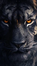 Lion Portrait with Luminous Amber Eyes in Dramatic Sunlit Contrast.