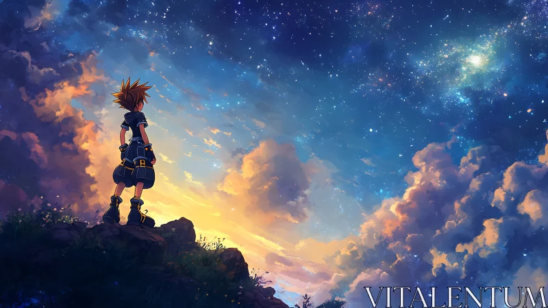 Young adventurer surveys glowing twilight cosmos sky.