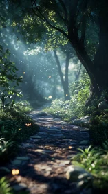 Enchanted forest path with ethereal light filtering through canopy.
