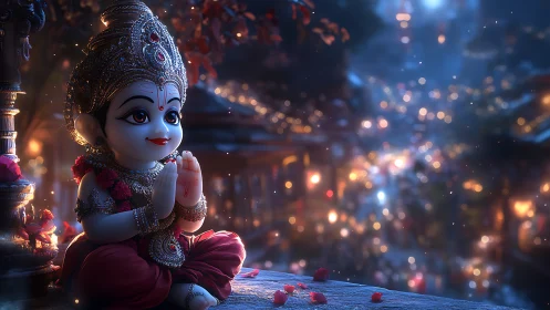 Divine child deity idol in luminous festive bokeh ambiance.