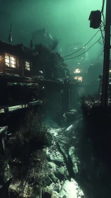Rain-soaked cyberpunk alley with canal and neon glow.