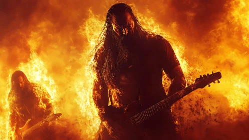Metal guitarists engulfed in blazing inferno stage fire.
