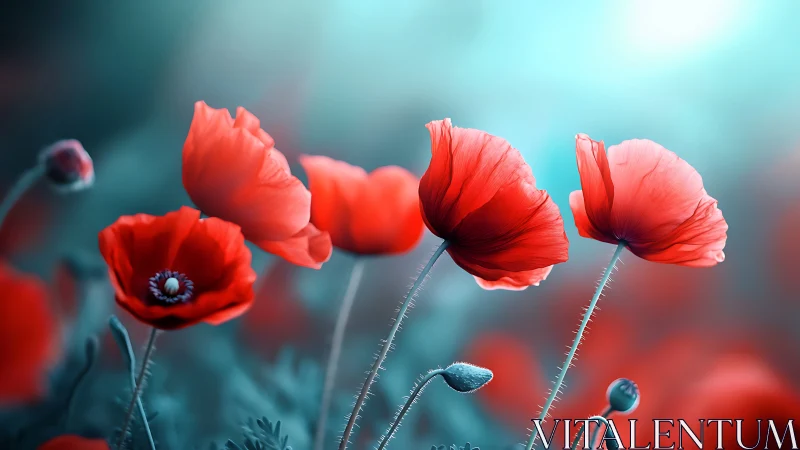 Red poppy flowers in soft blue bokeh garden light scene.