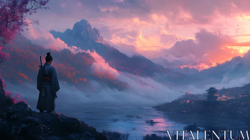 Samurai observing misty valley at vivid mountain sunset.