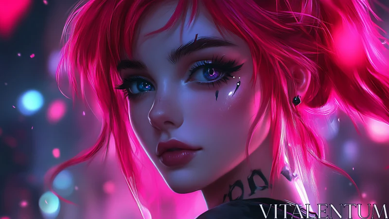 Neon-lit cyber portrait of magenta-haired rebel heroine.