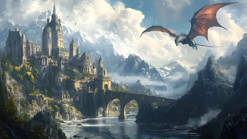 Majestic mountain fortress with soaring crimson dragon guardian.