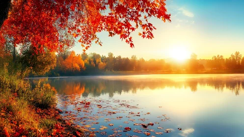 Sunlit autumn foliage surrounds a calm reflective lakeside