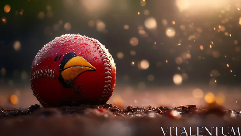 Wet red baseball with bird logo in backlit shallow focus field.