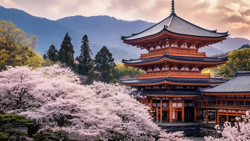Tiered pagoda architecture amid calibrated cherry blossom bloom.