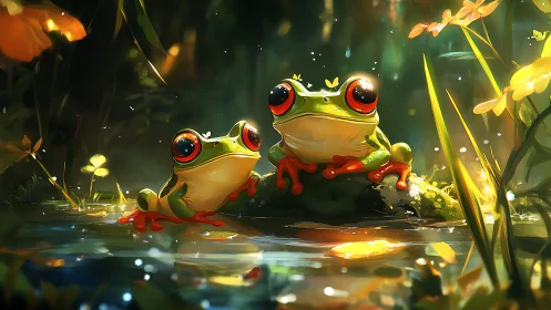 Glow-eyed pond frogs hold court in a shimmerlit forest glade.