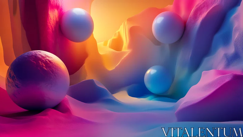 Iridescent 3D spheres float in a neon-gradient abstract canyon