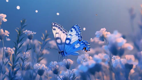 Blue butterfly rests on soft meadow flowers at dusk light